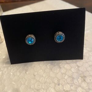 Blue green gemstone earrings with antique like scroll wrap, pierced stud, EUC